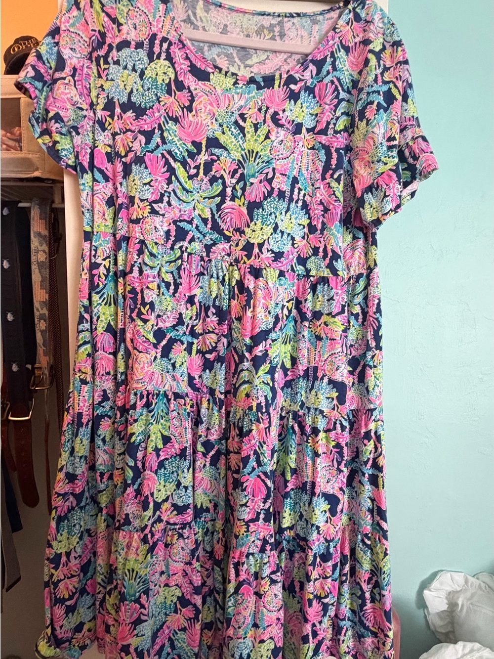 Lilly Pulitzer Navy Floral Tiered Dress - Pink, Lime & Aqua